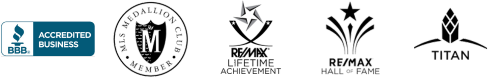 BBB accredited business logo, Medallion club, remax lifetime achievement award, remax hall of fame, titan award logo.